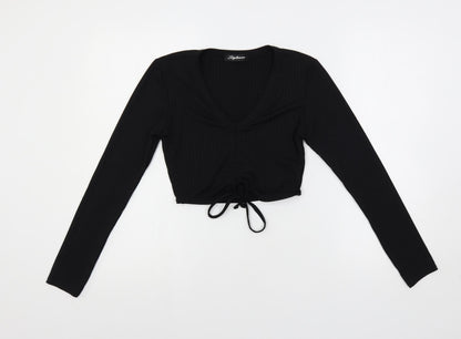 Stylewise Womens Black Polyester Cropped T-Shirt Size S V-Neck - Ribbed