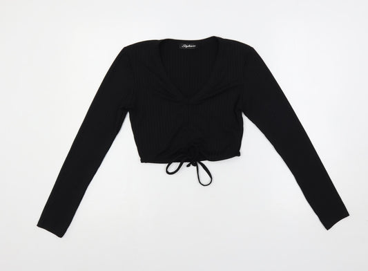 Stylewise Womens Black Polyester Cropped T-Shirt Size S V-Neck - Ribbed