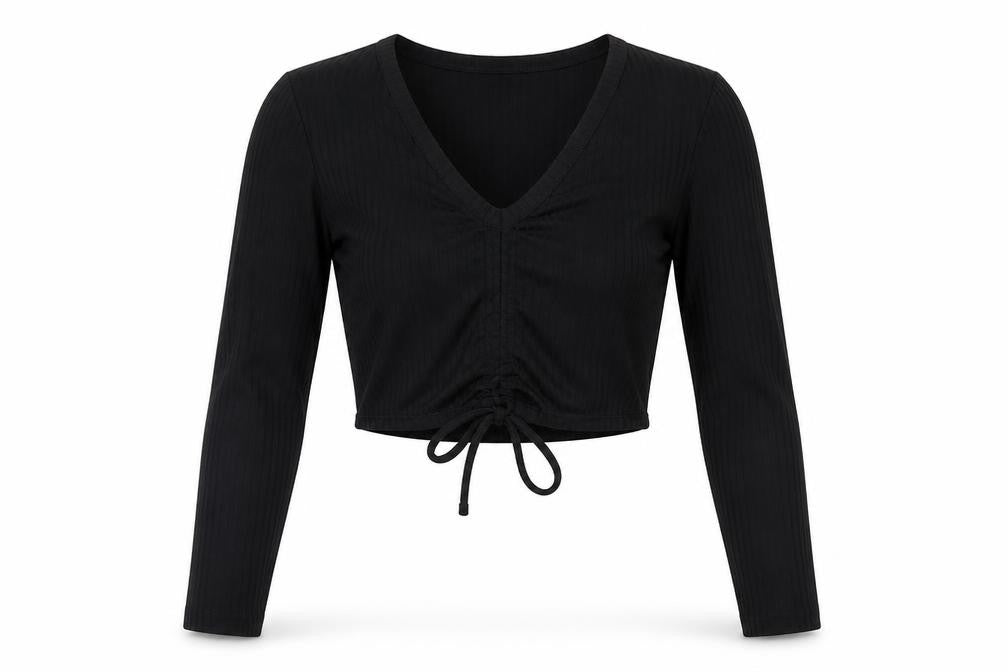Stylewise Womens Black Polyester Cropped T-Shirt Size S V-Neck - Ribbed