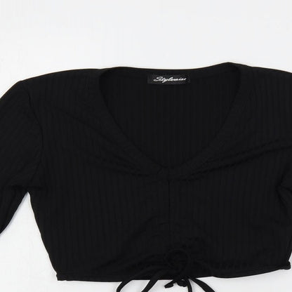 Stylewise Womens Black Polyester Cropped T-Shirt Size S V-Neck - Ribbed