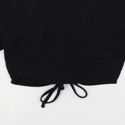 Stylewise Womens Black Polyester Cropped T-Shirt Size S V-Neck - Ribbed