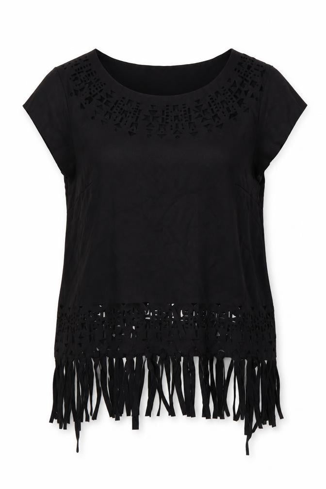 Xhilaration Womens Black Polyester Basic Blouse Size M Boat Neck - Fringe