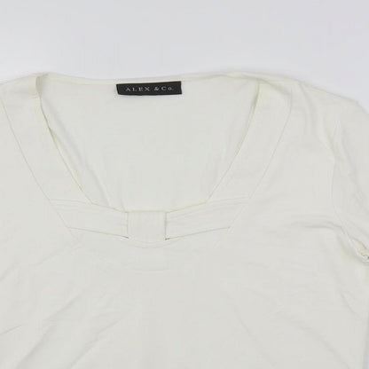 Close-up detail of Alex & Co. women’s white viscose basic blouse, size UK 12, scoop neck