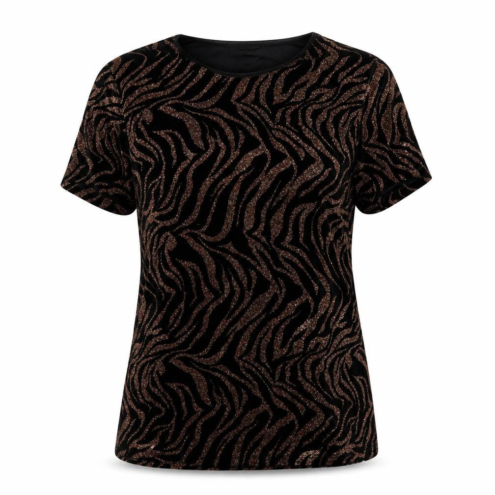 Anna Rose Womens Black Animal Print Polyester Basic Blouse Size M Round Neck - Glitter