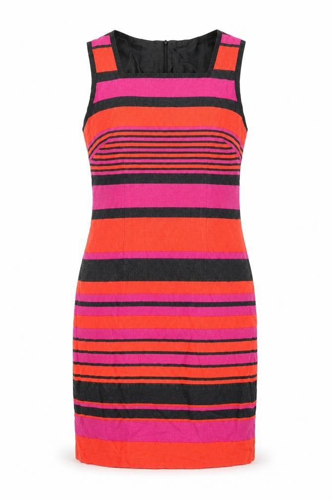 Marks & Spencer Womens Multicoloured Striped Linen Shift Size 12 Square Neck Zip