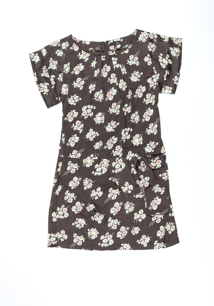 Next Womens Brown Floral Polyester Shift Size 12 Boat Neck Zip