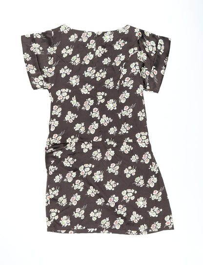 Next Womens Brown Floral Polyester Shift Size 12 Boat Neck Zip
