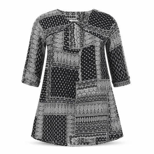 Mango Womens Black Geometric Cotton A-Line Size S Boat Neck Pullover