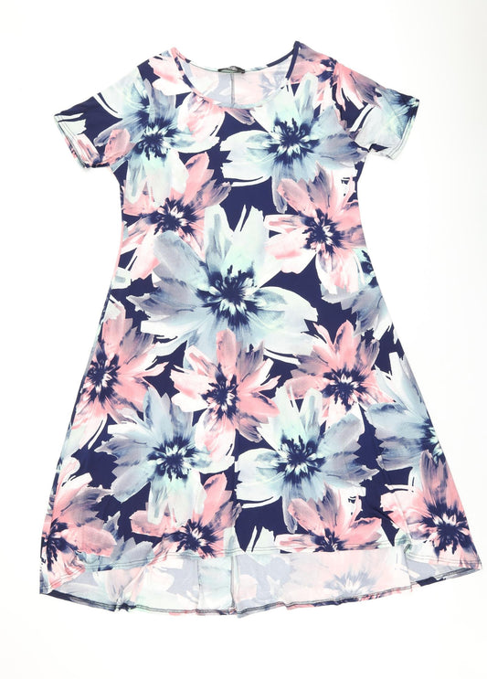 Nicole Collection Womens Blue Floral Polyester A-Line Size L Round Neck Pullover