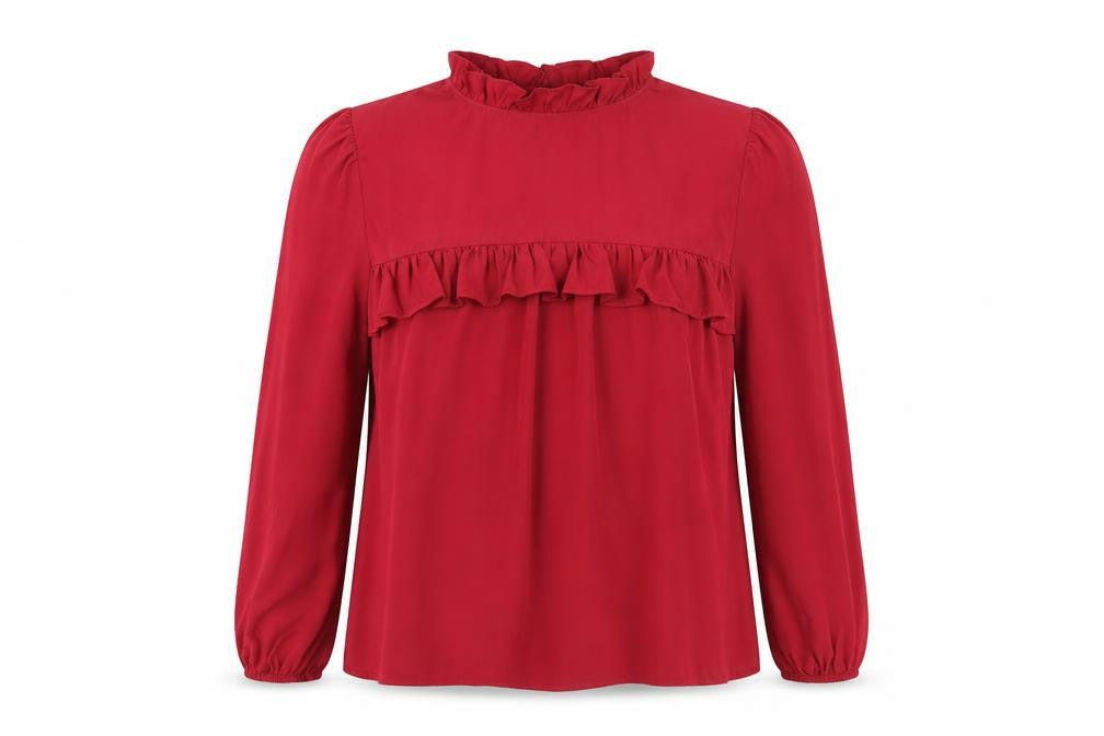 Boohoo Womens Red Polyester Basic Blouse Size 10 Round Neck - Ruffles