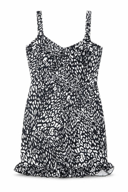 Front view of Miss Selfridge women’s black geometric polyester mini, size UK 8, v-neck pullover - ruffles