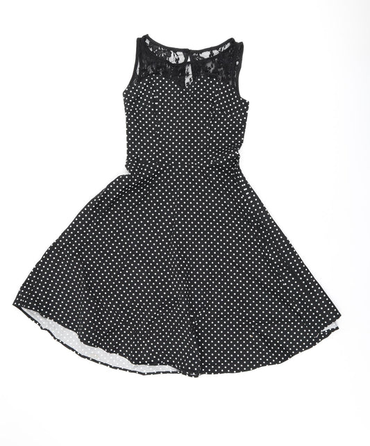 Bbonlinedress Womens Black Polka Dot Cotton Skater Dress Size XS Boat Neck Zip - Lace Neckline Detail