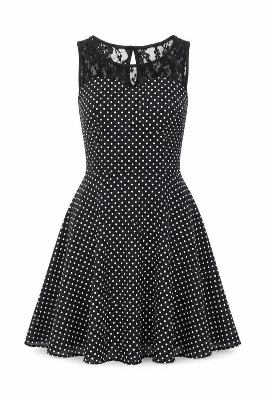Bbonlinedress Womens Black Polka Dot Cotton Skater Dress Size XS Boat Neck Zip - Lace Neckline Detail