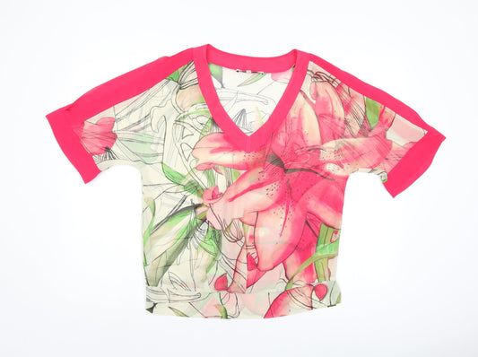 NEXT Womens Pink Floral Polyester Basic Blouse Size 6 V-Neck - Cold Shoulder, Sheer