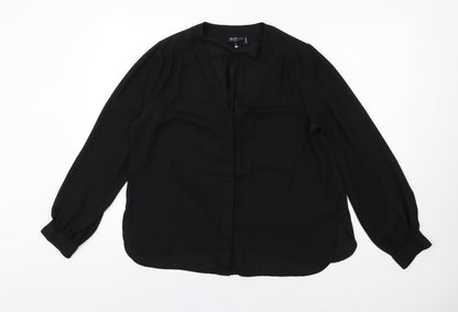 Additional front view of ASOS women’s black polyester basic button-up, size UK 10, v-neck