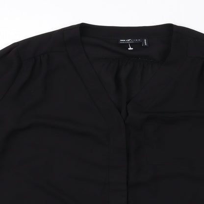 Close-up detail of ASOS women’s black polyester basic button-up, size UK 10, v-neck