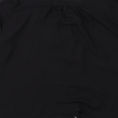Brand and care label for ASOS women’s black polyester basic button-up, size UK 10, v-neck