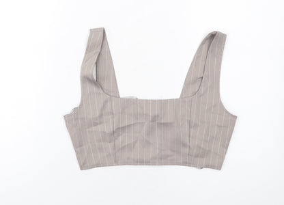 Additional front view of Missguided women’s grey striped polyester cropped tank, size UK 10, square neck