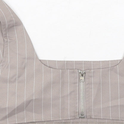 Brand and care label for Missguided women’s grey striped polyester cropped tank, size UK 10, square neck