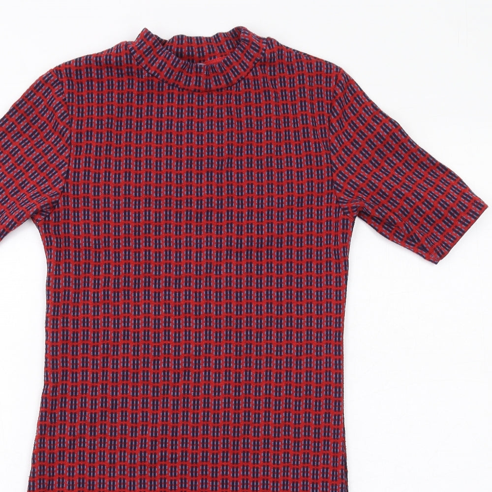 Topshop Womens Red Geometric Polyester A-Line Size 6 Mock Neck Pullover