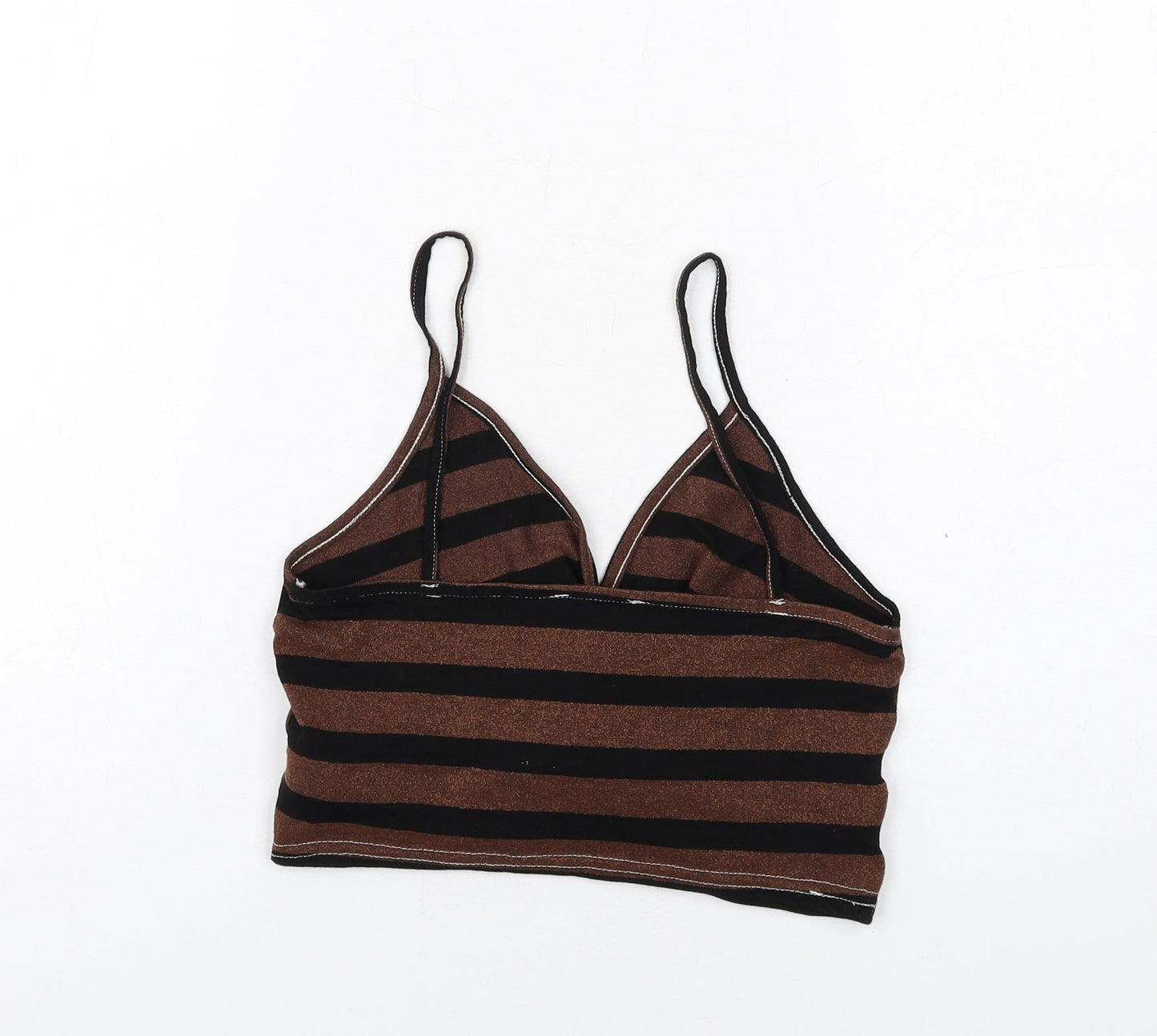 New Look Womens Brown Striped Viscose Cropped T-Shirt Size 12 V-Neck - Twist Front