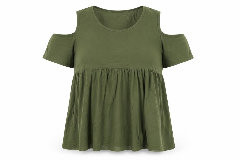 Blue Vanilla Womens Green Nylon Basic T-Shirt Size 10 Round Neck - Cold Shoulder