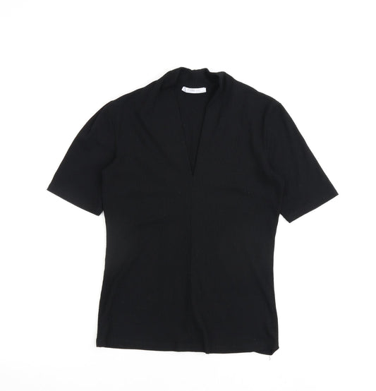 Zara Womens Black Cotton Basic T-Shirt Size M V-Neck