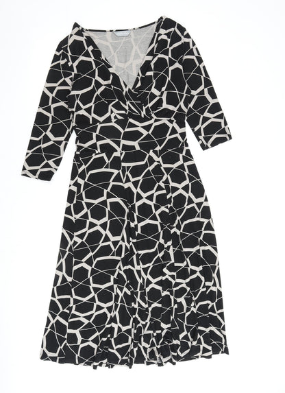 Marks & Spencer Womens Black Geometric Viscose A-Line Size 10 V-Neck Pullover
