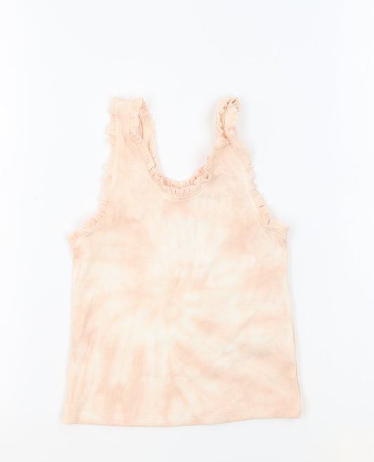 Marks and Spencer Girls Pink Geometric Cotton Basic Tank Size 8-9 Years Round Neck Pullover - Tie Dye Ruffles