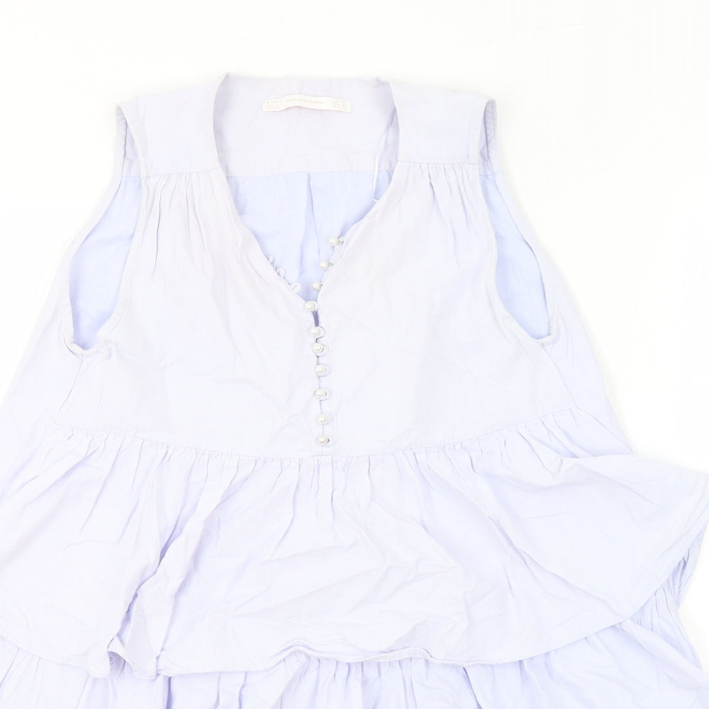 Zara Womens Blue 100% Cotton A-Line Size S V-Neck Button - Ruffles
