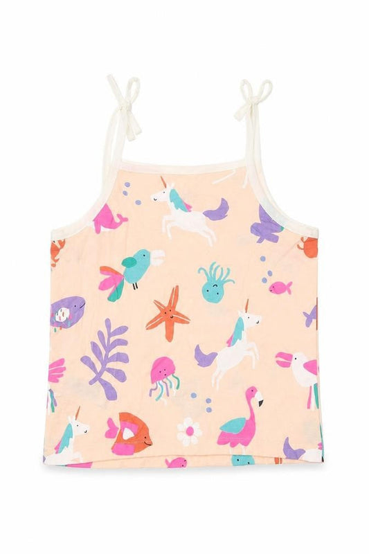 Marks & Spencer Girls Beige Geometric 100% Cotton Basic Tank Size 4-5 Years Square Neck Pullover - Unicorn Crabs Flamingos