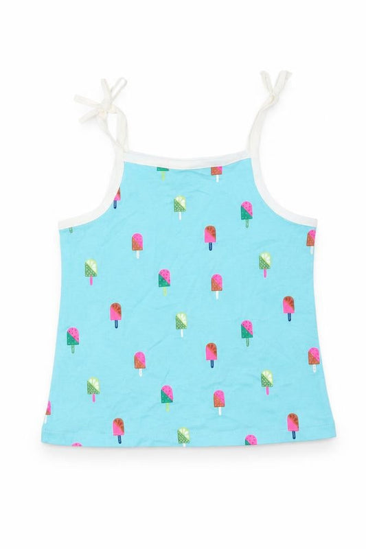 Marks & Spencer Girls Blue Geometric 100% Cotton Basic Tank Size 3-4 Years Square Neck Pullover - Ice Lollies
