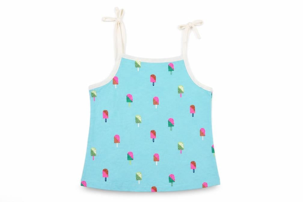 Marks & Spencer Girls Blue Geometric 100% Cotton Basic Tank Size 2-3 Years Square Neck Pullover - Ice Lollies