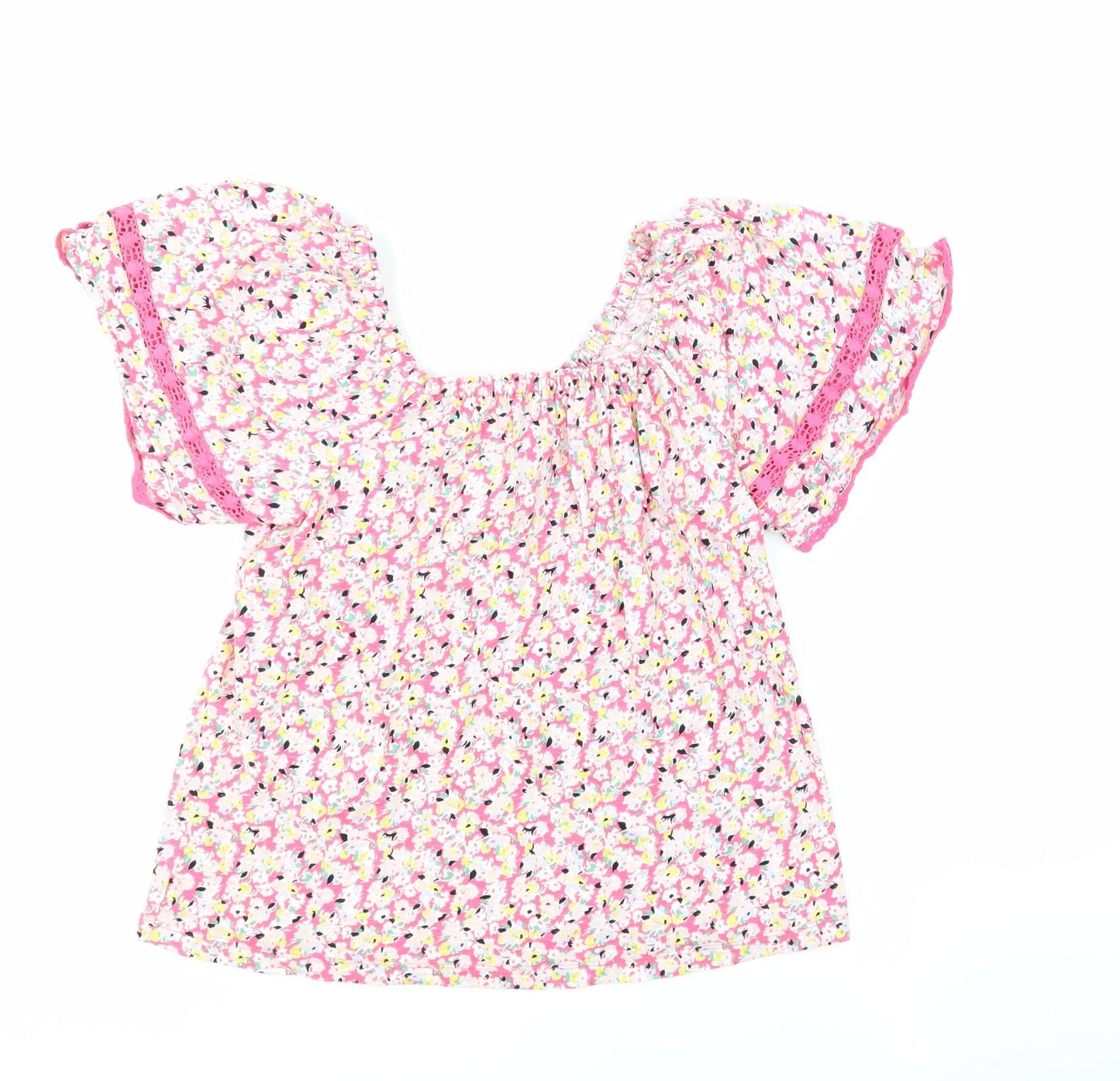 Marks and Spencer Womens Pink Floral 100% Cotton Basic Blouse Size 6 Square Neck - Crochet Detail