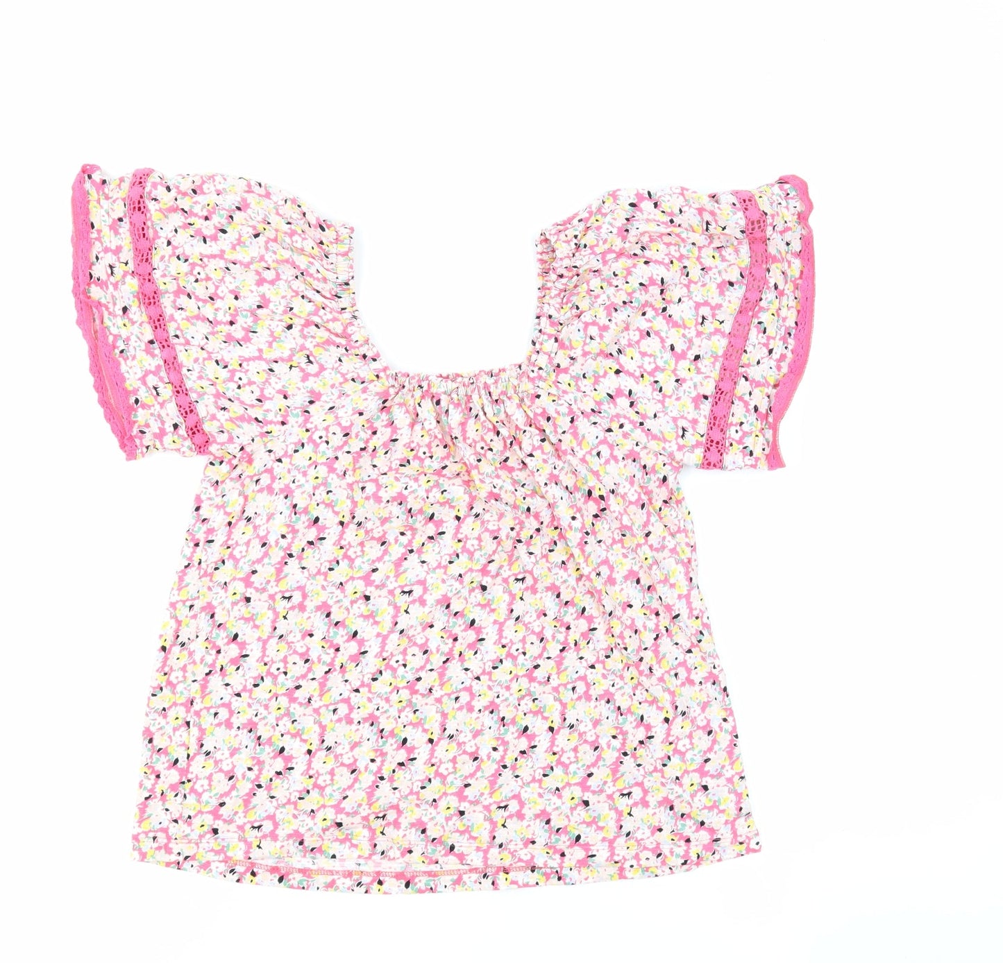 Marks and Spencer Womens Pink Floral 100% Cotton Basic Blouse Size 6 Square Neck - Crochet Detail