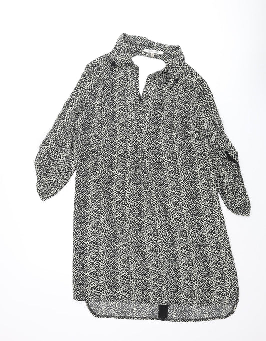 Biscote Womens Black Animal Print Polyester Shift Size S Collared Pullover - Cut Out Back Leopard Print