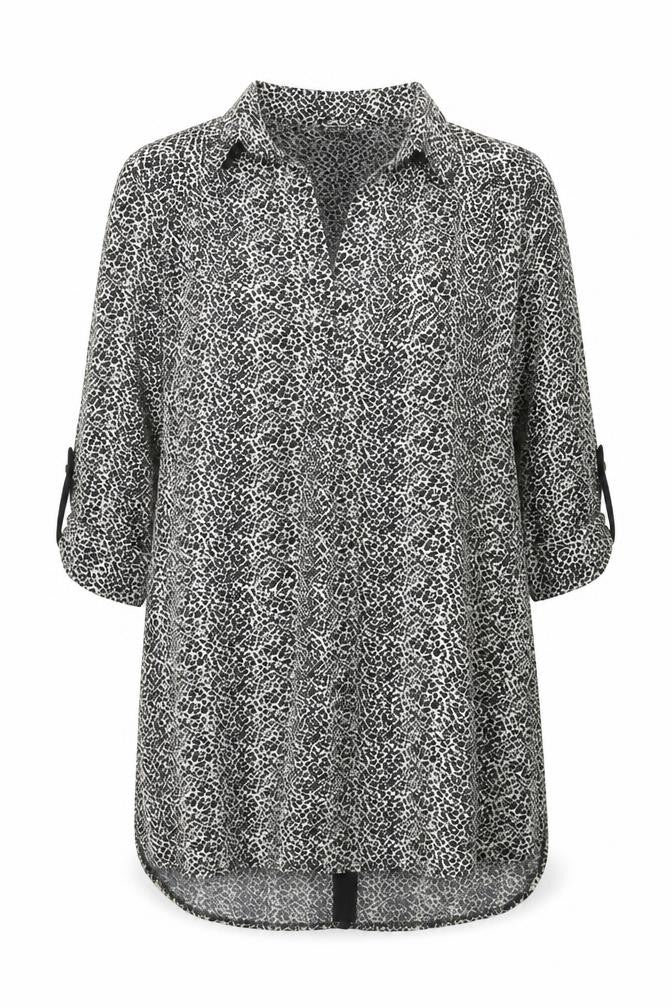 Biscote Womens Black Animal Print Polyester Shift Size S Collared Pullover - Cut Out Back Leopard Print