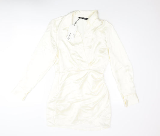 Zara Womens Ivory Polyester Wrap Dress Size M Collared Zip