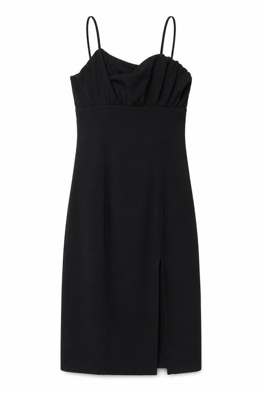 Divided by H&M Womens Black Polyester Slip Dress Size L Square Neck Pullover - Roched Side Slit
