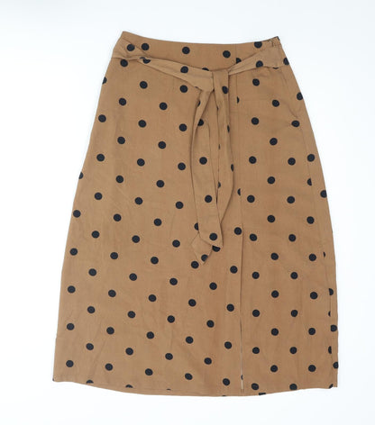 Additional front view of ICHI women’s brown polka dot polyester a-line skirt, size UK 8, zip - belted
