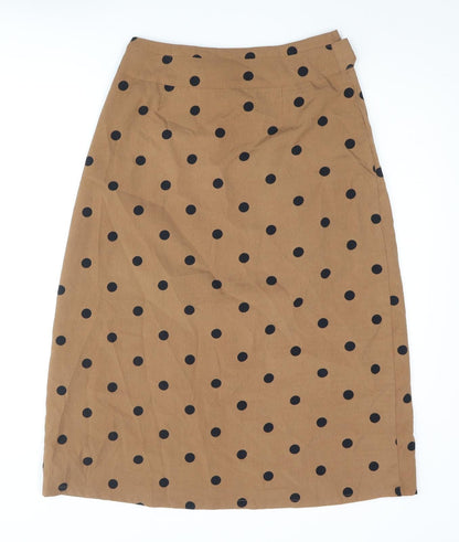 Back view of ICHI women’s brown polka dot polyester a-line skirt, size UK 8, zip - belted