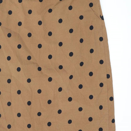 Brand and care label for ICHI women’s brown polka dot polyester a-line skirt, size UK 8, zip - belted