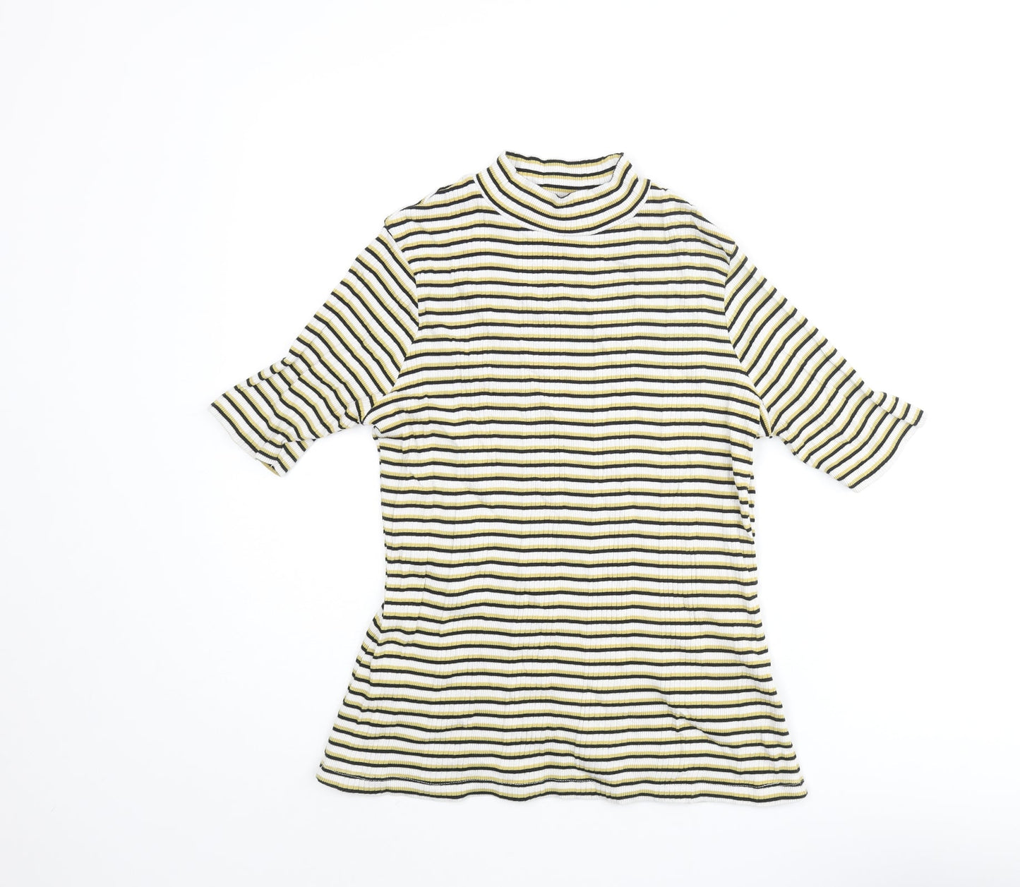 Marks and Spencer Womens Multicoloured Striped Cotton Basic T-Shirt Size 12 Mock Neck