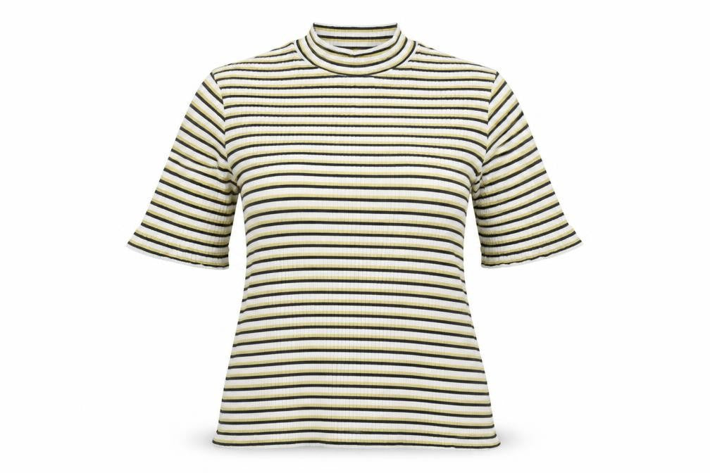 Marks & Spencer Womens Multicoloured Striped Cotton Basic T-Shirt Size 12 Mock Neck