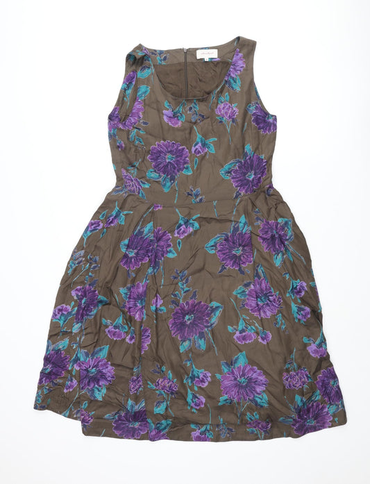 Vacknox Womens Brown Floral Cupro Fit & Flare Size 10 Scoop Neck Zip