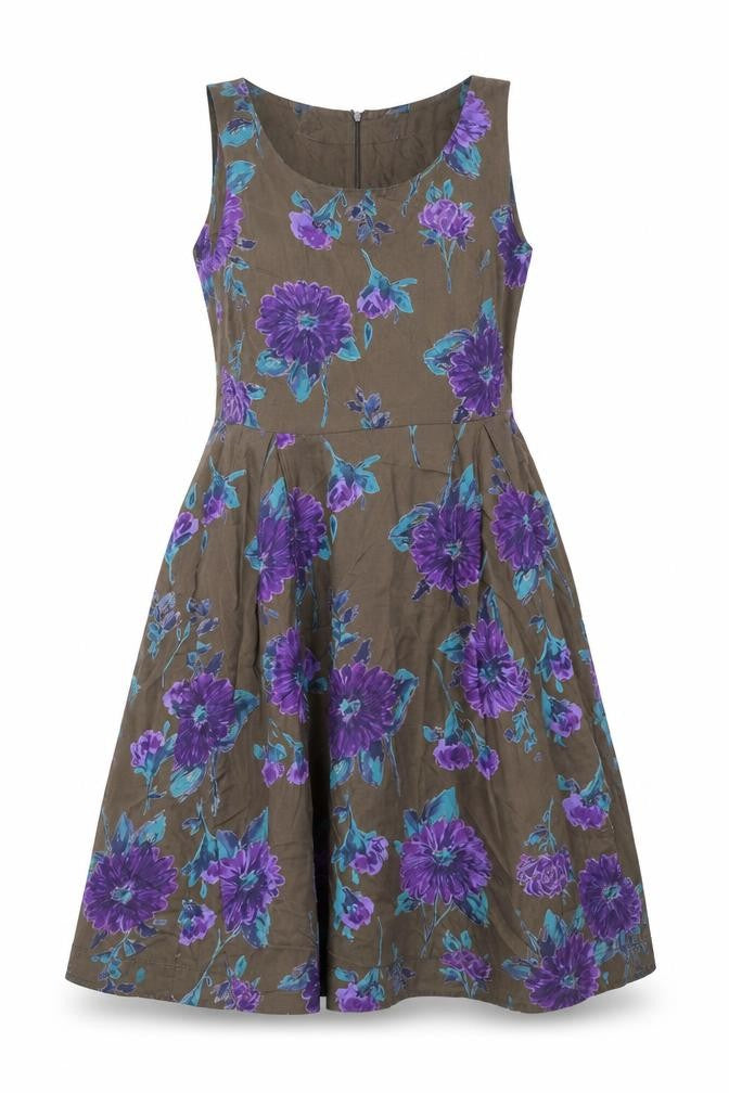 Vacknox Womens Brown Floral Cupro Fit & Flare Size 10 Scoop Neck Zip