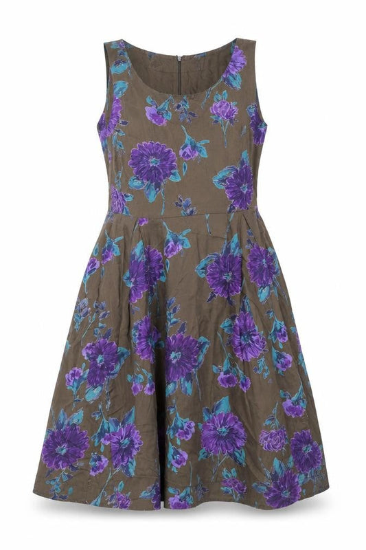 Vacknox Womens Brown Floral Cupro Fit & Flare Size 10 Scoop Neck Zip