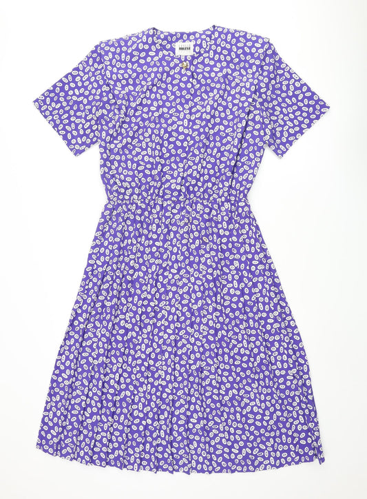 Leslie Fay Womens Purple Geometric Polyester A-Line Size 12 Round Neck Button - Pleated