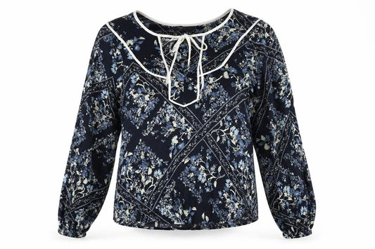 Marks and Spencer Womens Blue Floral Viscose Basic Blouse Size 6 Round Neck - Keyhole Neck