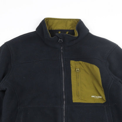 Close-up detail of Only & Sons men’s black jacket, size M, zip - contrast pocket logo